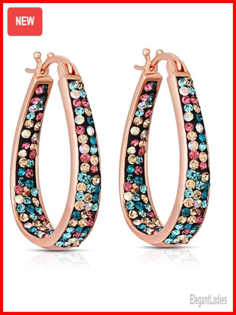 Gold Plated Oval Crystal Hoop Earrings Hinged Women Hypoallergenic